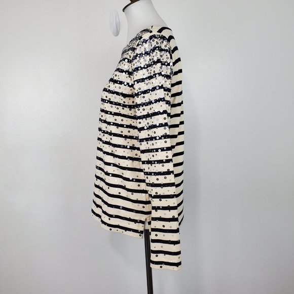 J. Crew Factory Black Tan Striped Sequin Confetti Pullover Knit Cotton Top Sz S - Picture 4 of 12
